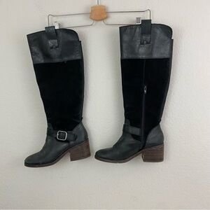 Lucky Brand Black Leather Knee High Boots Faux Suede Shafts Buckle Accent 7M